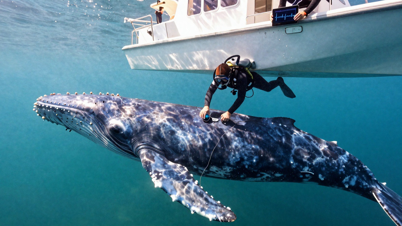 Mergulhador coletando dados de uma baleia jubarte próxima a barco branco em águas claras.