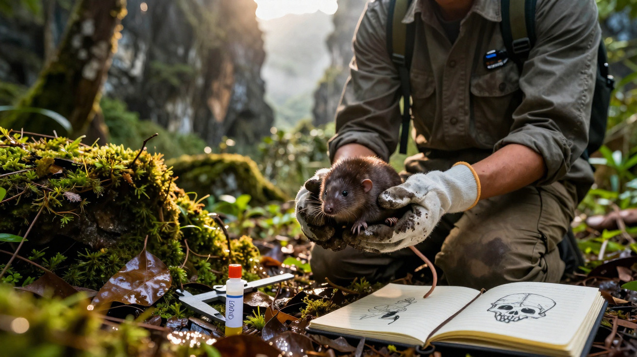Pesquisador cuidadoso segura rato em floresta com caderno aberto e material para coleta ao redor.