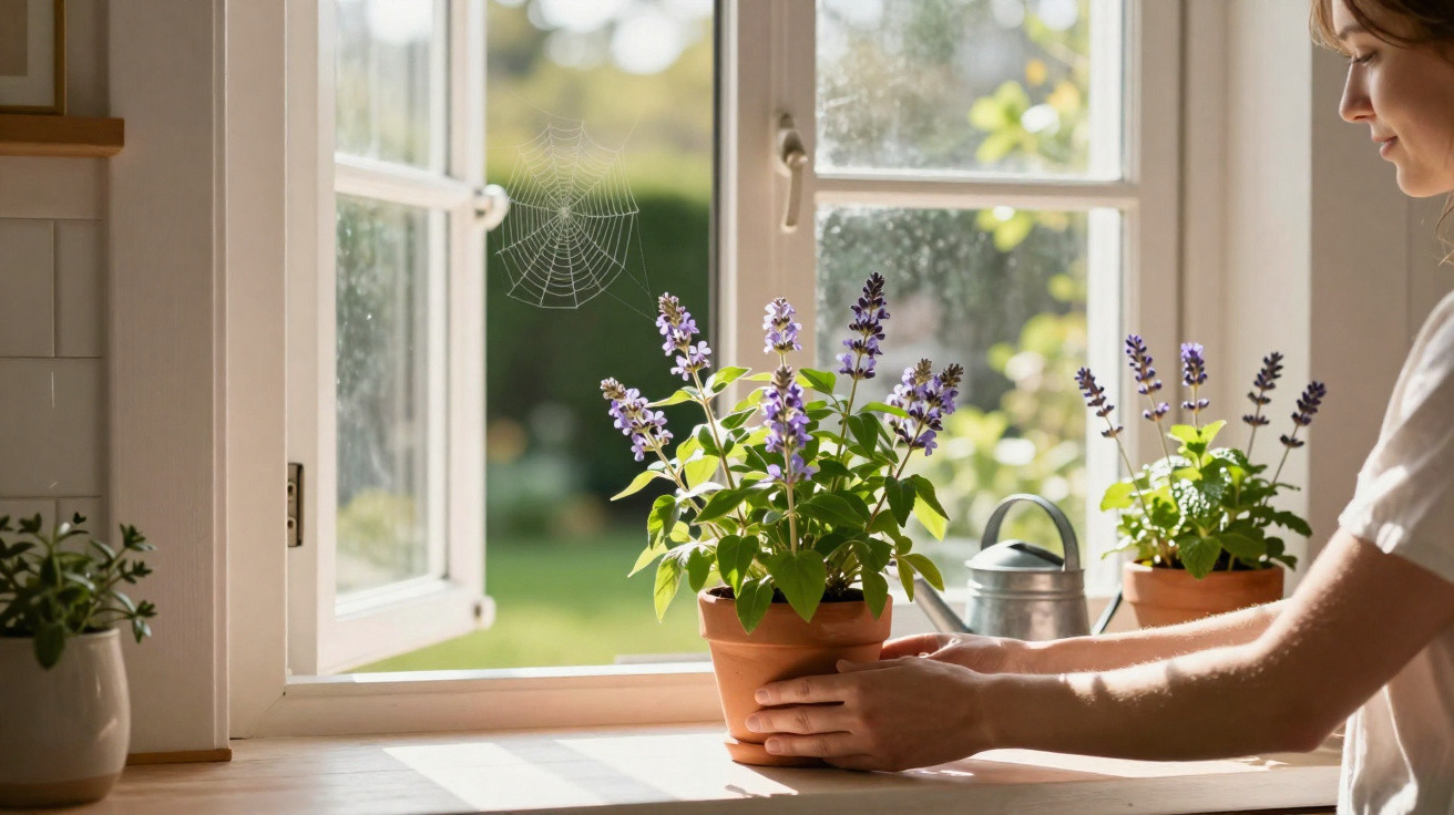 Pessoa cuidando de plantas com flores lilás em vasos de barro em peitoril de janela iluminada pelo sol.