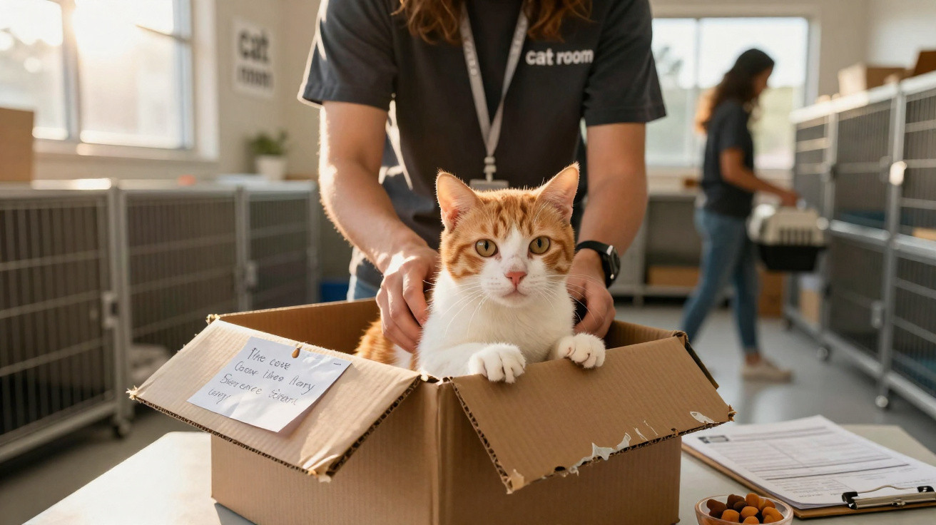 Gato laranja e branco dentro de caixa de papelão com pessoa de camiseta preta ao fundo em abrigo de animais.