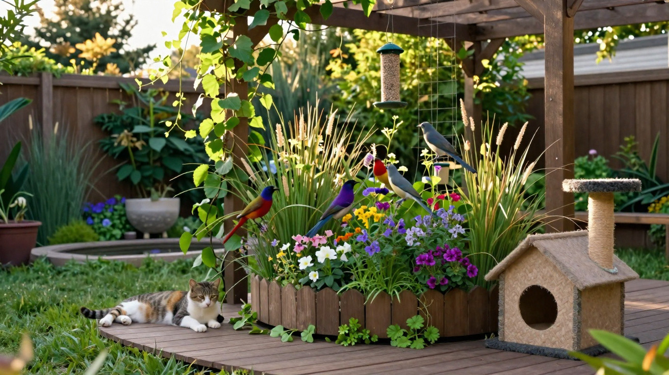 Gato deitado ao lado de jardineira com flores e pássaros coloridos num jardim com cerca de madeira.