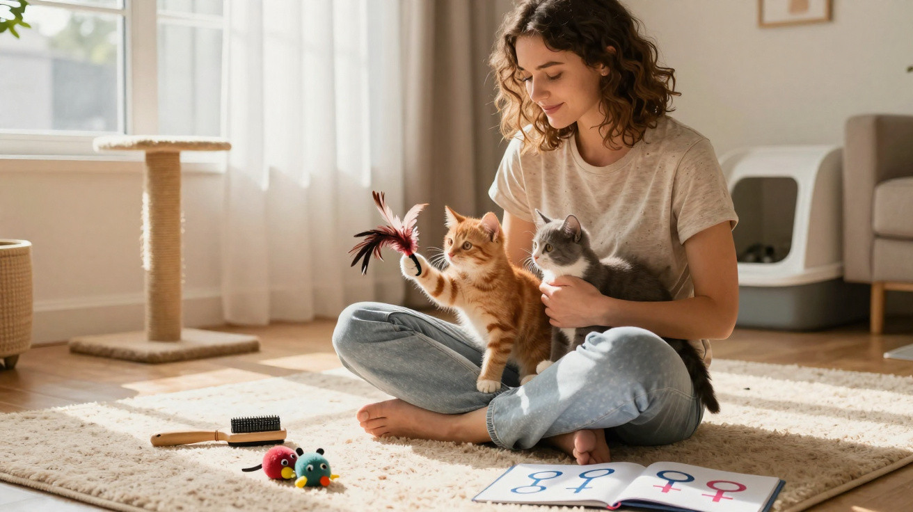 Mulher sentada no chão brincando com dois gatos, um deles alcançando um brinquedo de penas.
