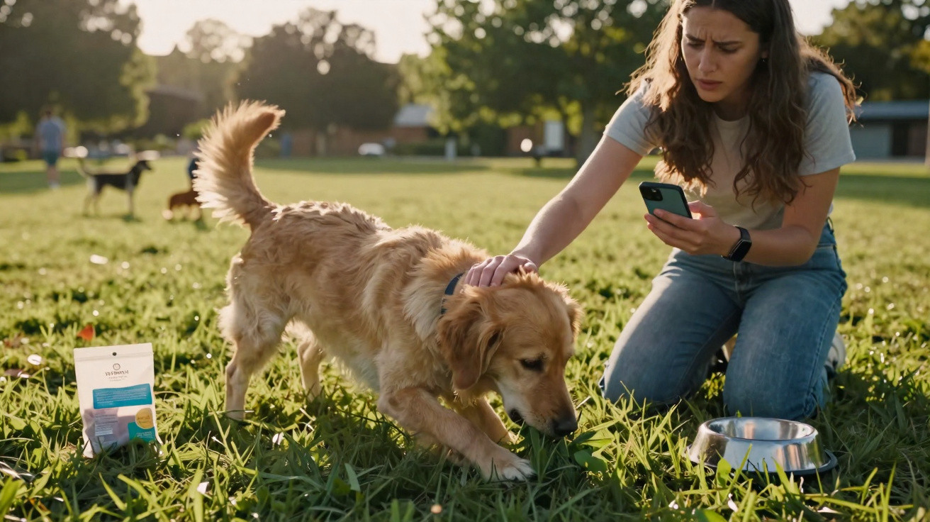 Mulher ajoelhada no parque com cachorro Golden Retriever ao lado de pote de água e petisco.