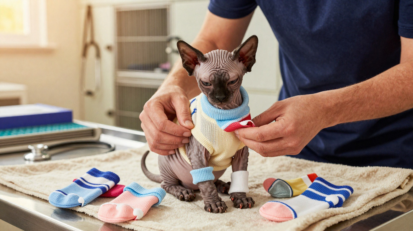 Gato Sphynx sem pelo vestindo roupa, sendo vestido com meias por uma pessoa em mesa de consulta veterinária.