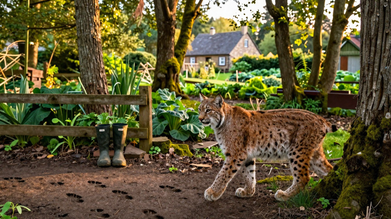 Lince caminhando em jardim próximo a casa rústica cercada por árvores e botas de borracha.