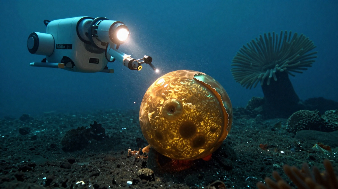 Veículo subaquático iluminando uma esfera gigante com textura orgânica no fundo do oceano.