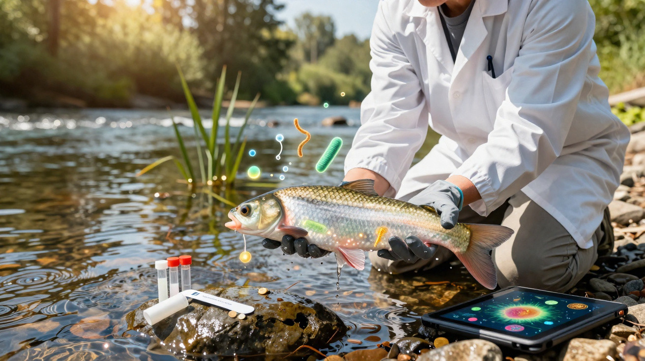 Pesquisador coleta amostra de peixe em rio para análise ambiental de poluição e microrganismos.