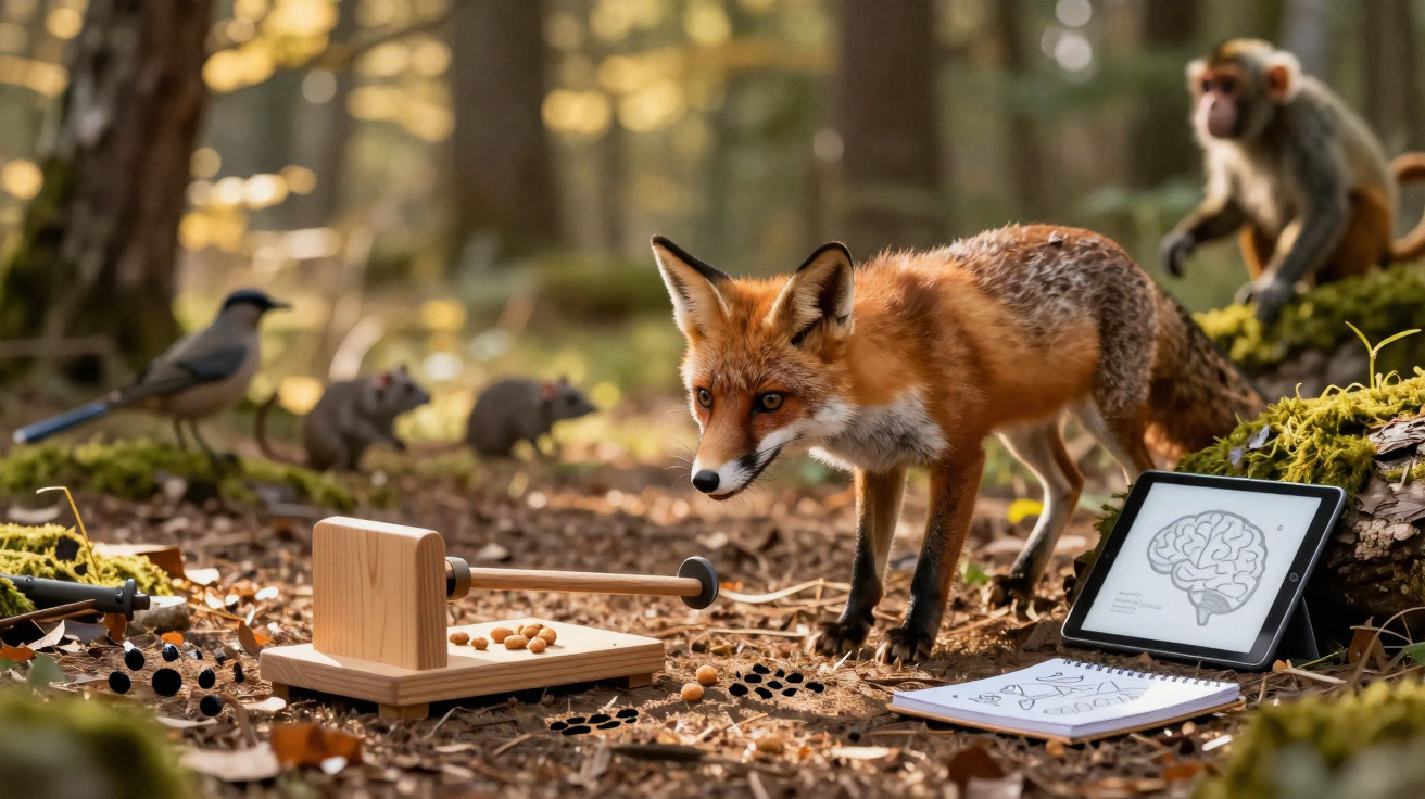 Raposa curiosa observando objetos tecnológicos e animais em floresta iluminada pelo sol.