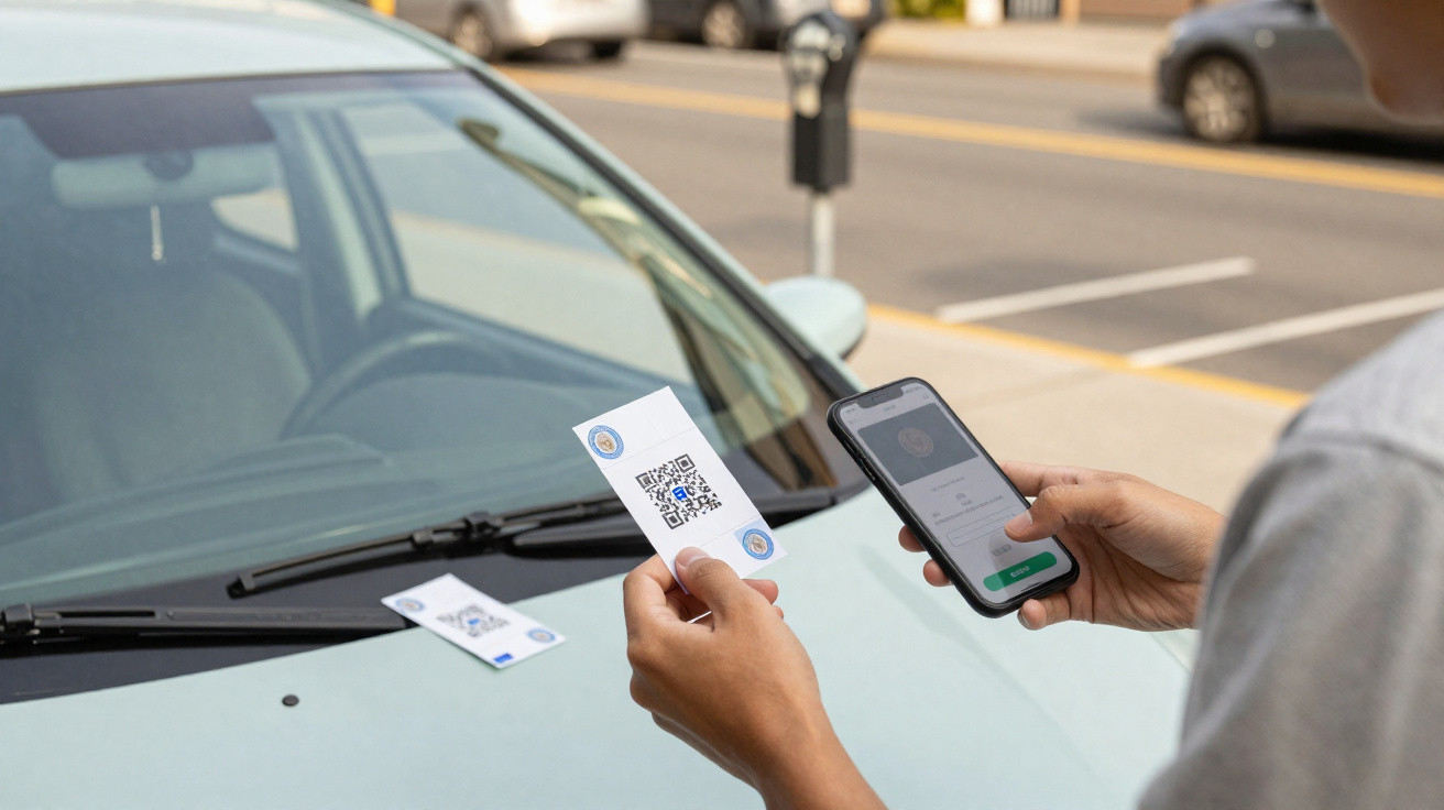Pessoa usando celular para escanear código QR em papel colocado no para-brisa de carro em estacionamento.