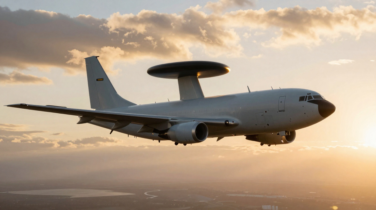 Avião militar de reconhecimento voando ao pôr do sol com céu parcialmente nublado ao fundo.