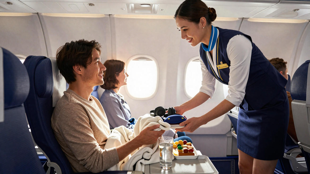 Comissária de bordo entregando item para passageiro sentado em poltrona de avião durante voo.