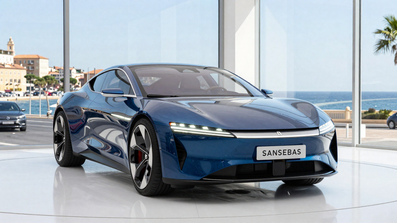 Carro elétrico esportivo azul escuro em exposição em ambiente moderno com vista para o mar.