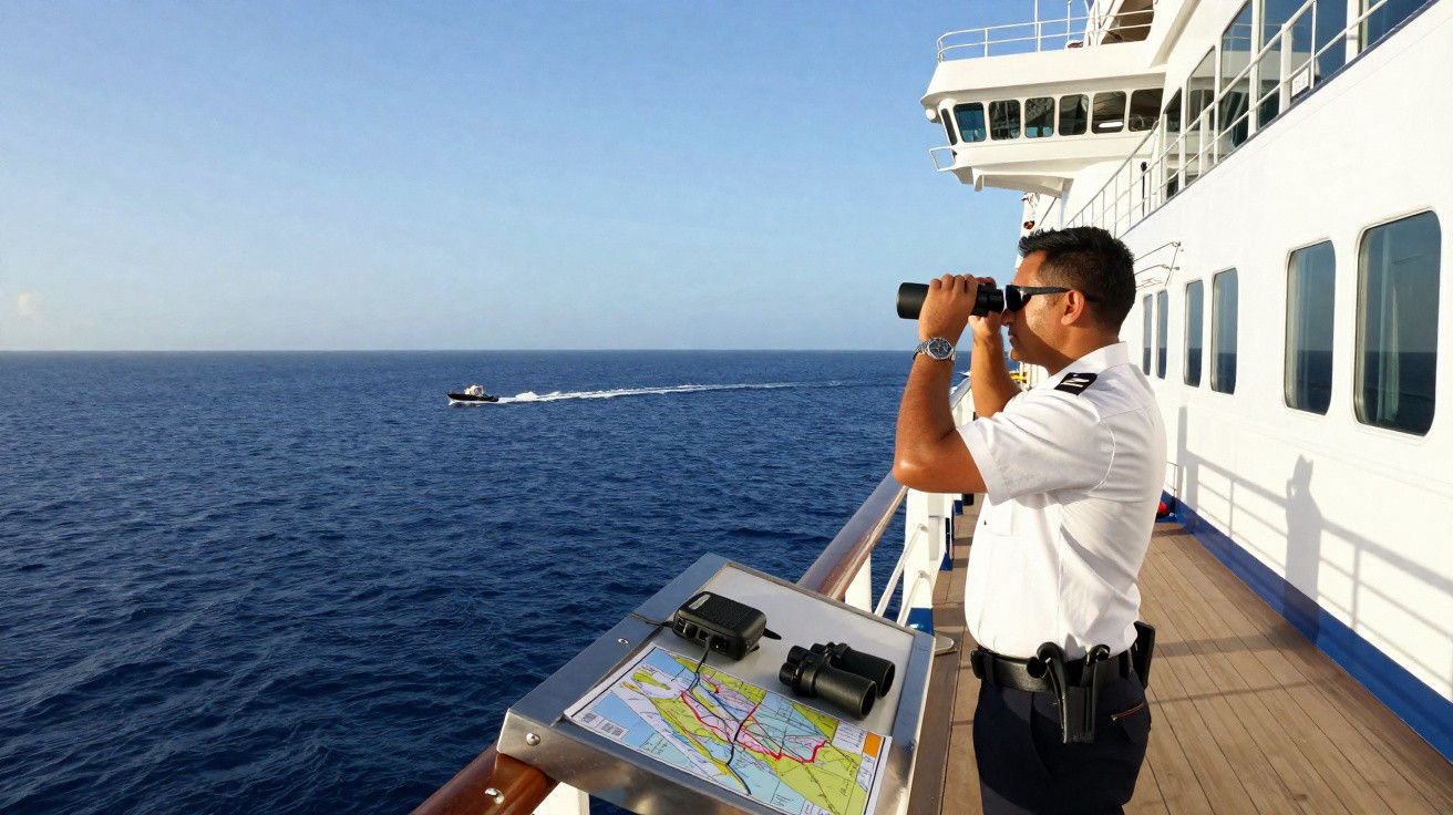 Oficial olhando pelo binóculo a partir do convés de um navio com mapa e binóculos sobre superfície metálica.