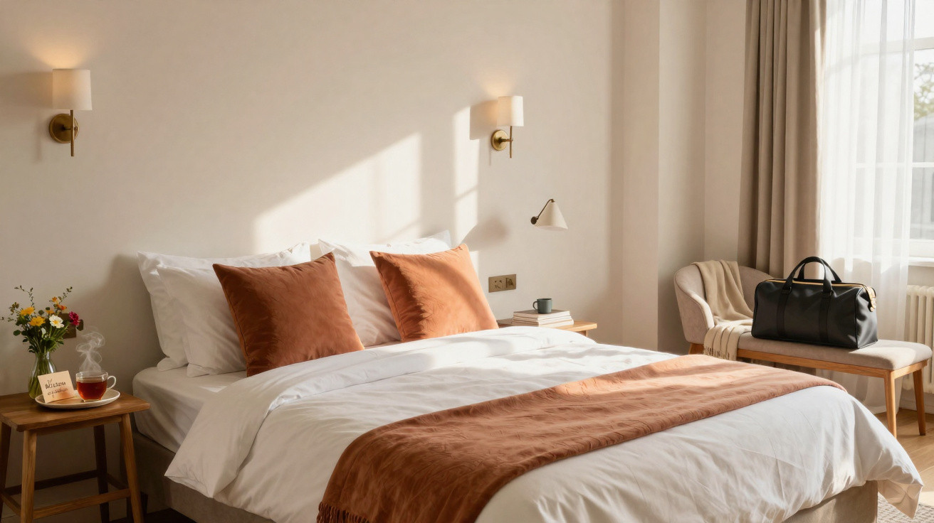 Quarto iluminado com cama de lençóis brancos, almofadas e manta laranja, mesa lateral com chá e flores.