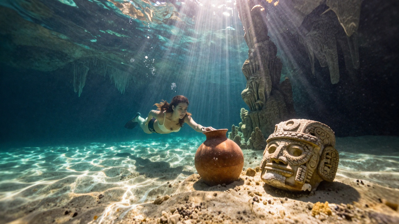 Mulher mergulhadora explorando jarro e escultura maia no fundo de caverna subaquática iluminada pelo sol.