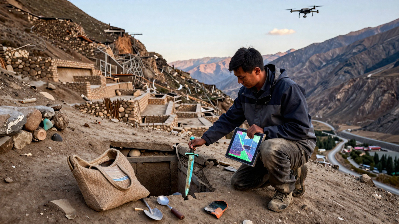 Homem com tablet realiza escavação arqueológica em terreno montanhoso com drone ao fundo.