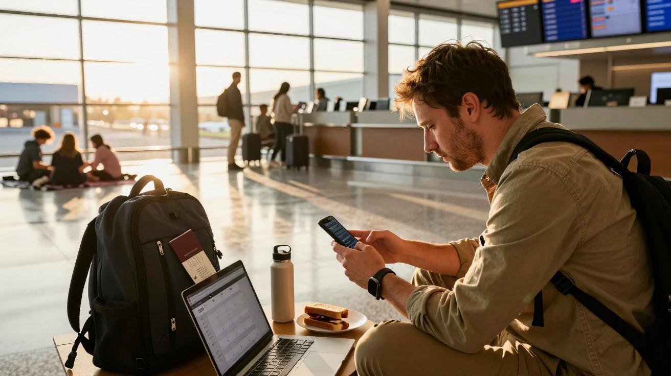 Homem sentado no aeroporto usando celular, com mochila, notebook, garrafa e lanche à sua frente.