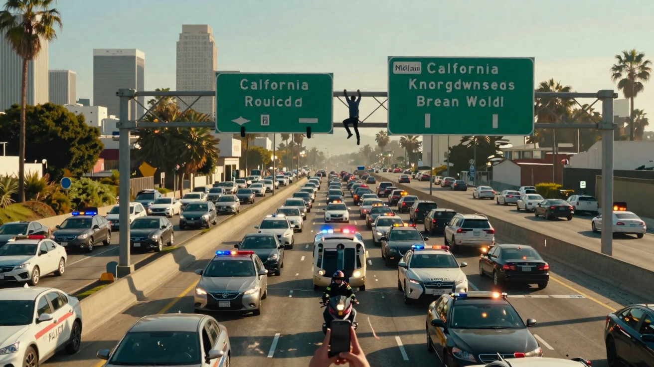 Trânsito intenso em rodovia de Los Angeles com vários carros e polícia, pessoa pendurada em placa de sinalização.