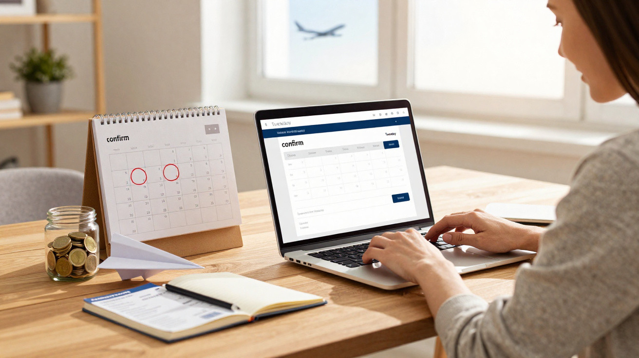 Pessoa usando laptop para confirmar datas com calendário físico e documentos sobre mesa de madeira.