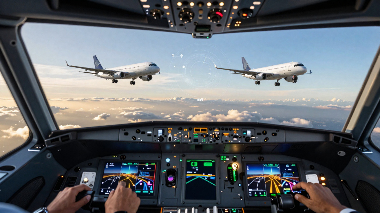 Vista do cockpit de avião com piloto operando controles e duas aeronaves voando próximas em céu claro.