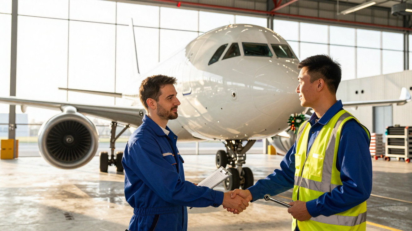 Dois técnicos em uniforme apertando as mãos em frente a um avião dentro de um hangar.