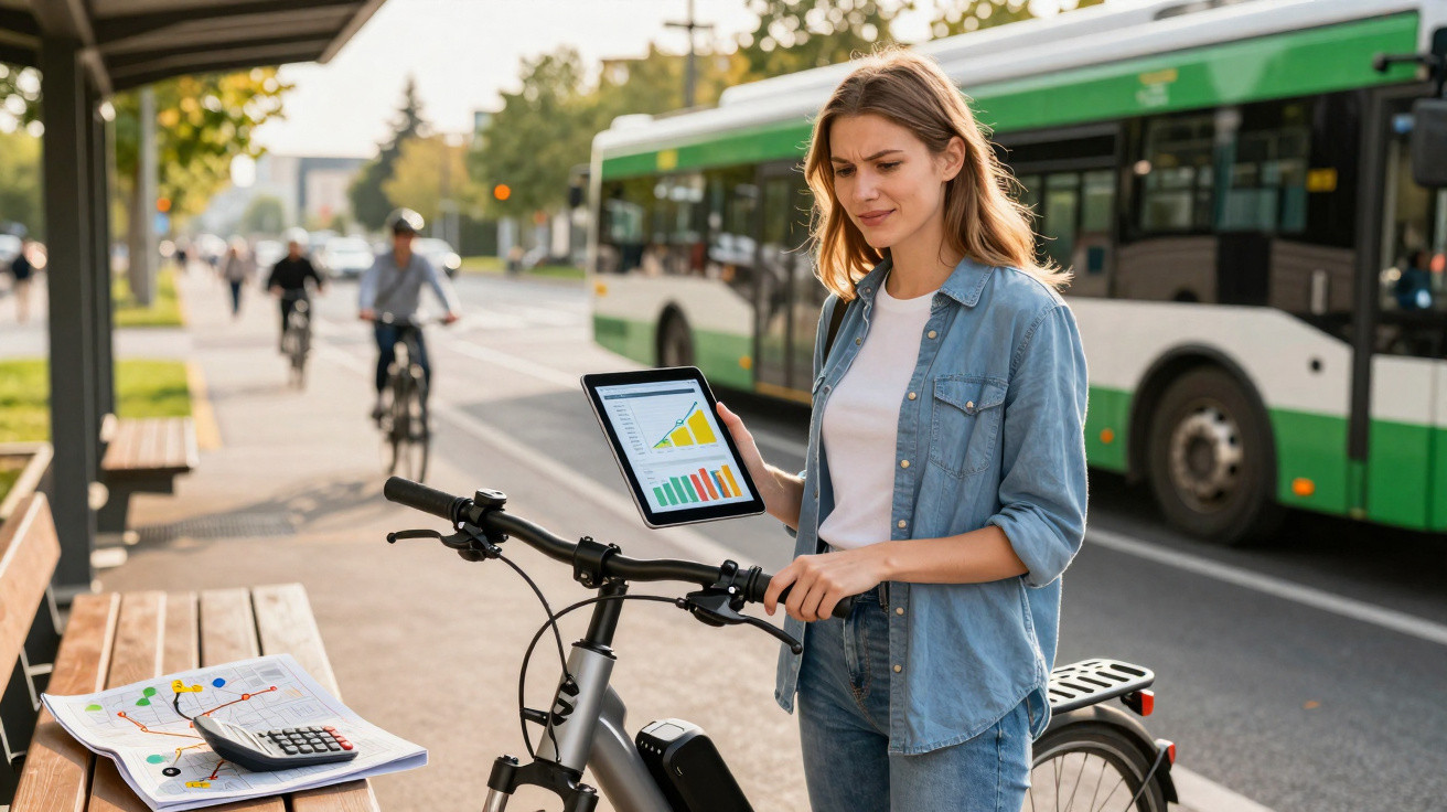 Mulher com bicicleta segura tablet com gráficos em ponto de ônibus, ônibus verde ao fundo.