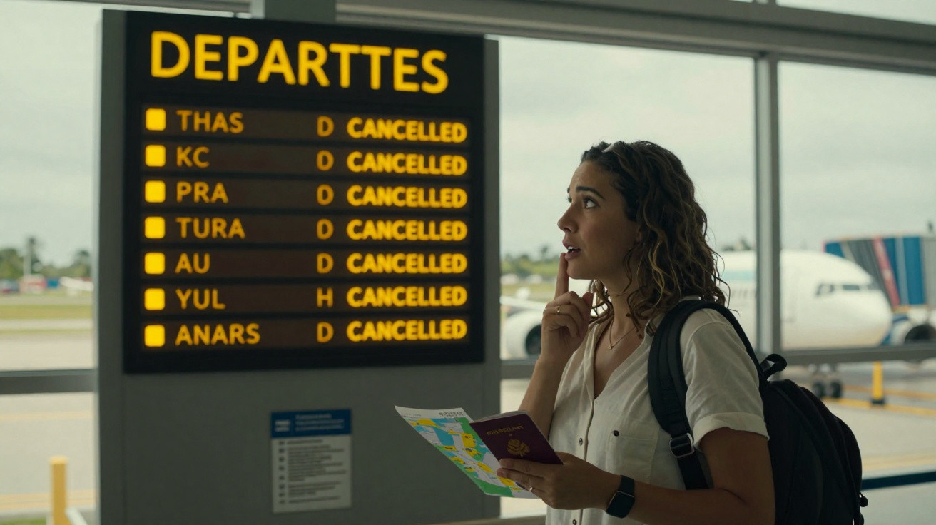 Mulher no aeroporto olhando para painel de partidas com voos cancelados, segurando passaporte e mapa.
