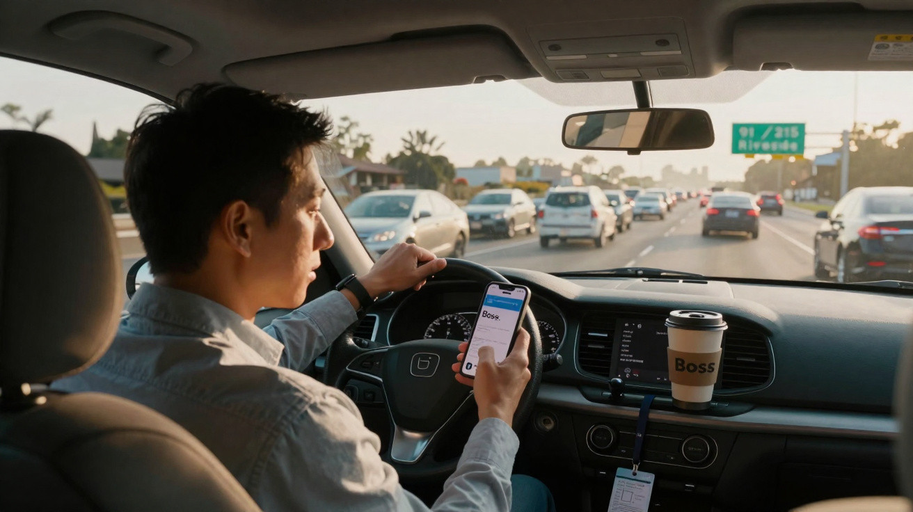 Homem dirigindo e usando celular no trânsito de uma rodovia movimentada ao entardecer.