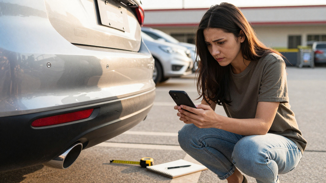 Mulher agachada verificando danos no para-choque traseiro do carro com celular, trena e bloco de notas.