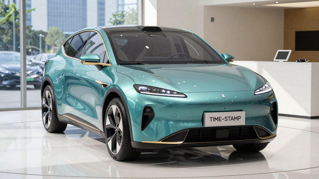 Carro elétrico verde com detalhes dourados exibido em showroom moderno com piso branco brilhante.