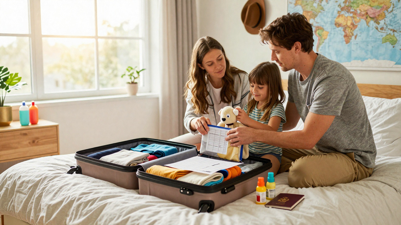 Família preparando mala de viagem em quarto com mapa-múndi na parede, roupas e documentos na cama.