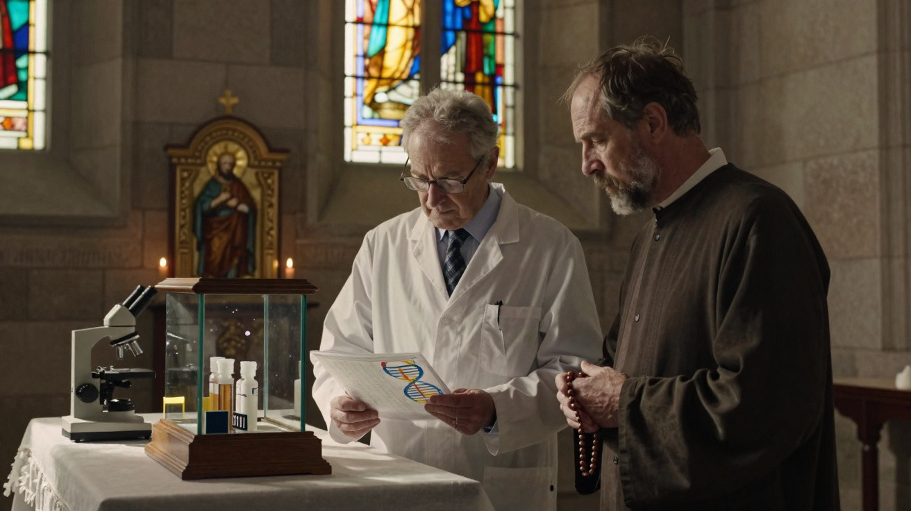 Cientista e padre discutem exames de DNA em laboratório dentro de uma igreja iluminada por vitrais coloridos.