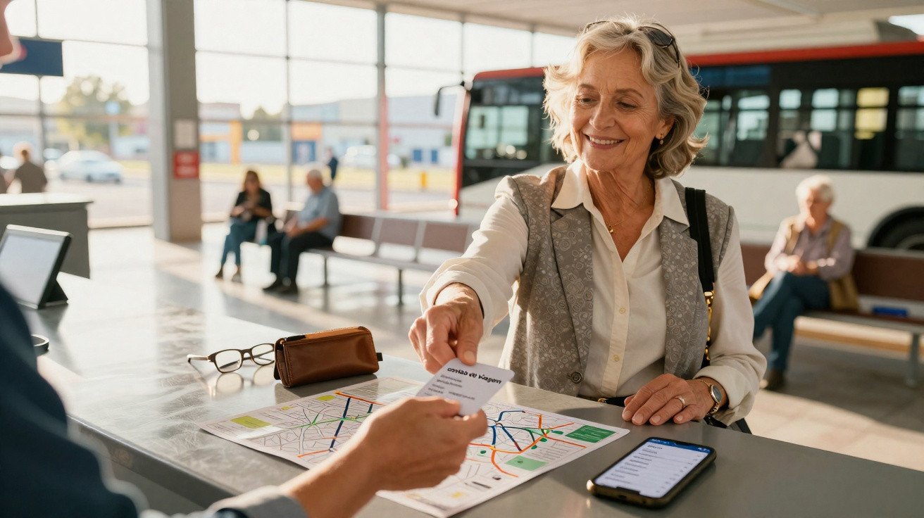 Mulher sênior feliz entregando bilhete de ônibus em guichê de estação de transporte público.