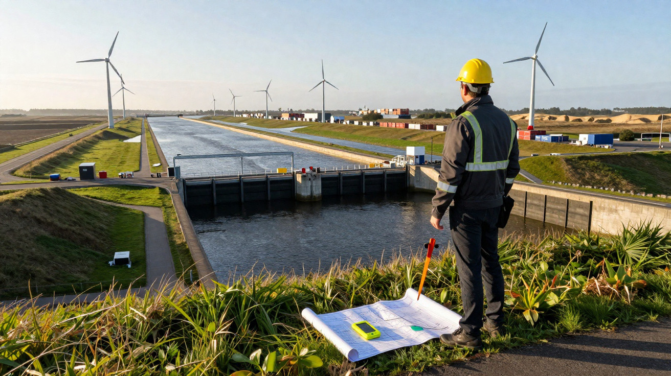 Engenheiro com capacete observa canal de água com turbinas eólicas ao fundo em área industrial.