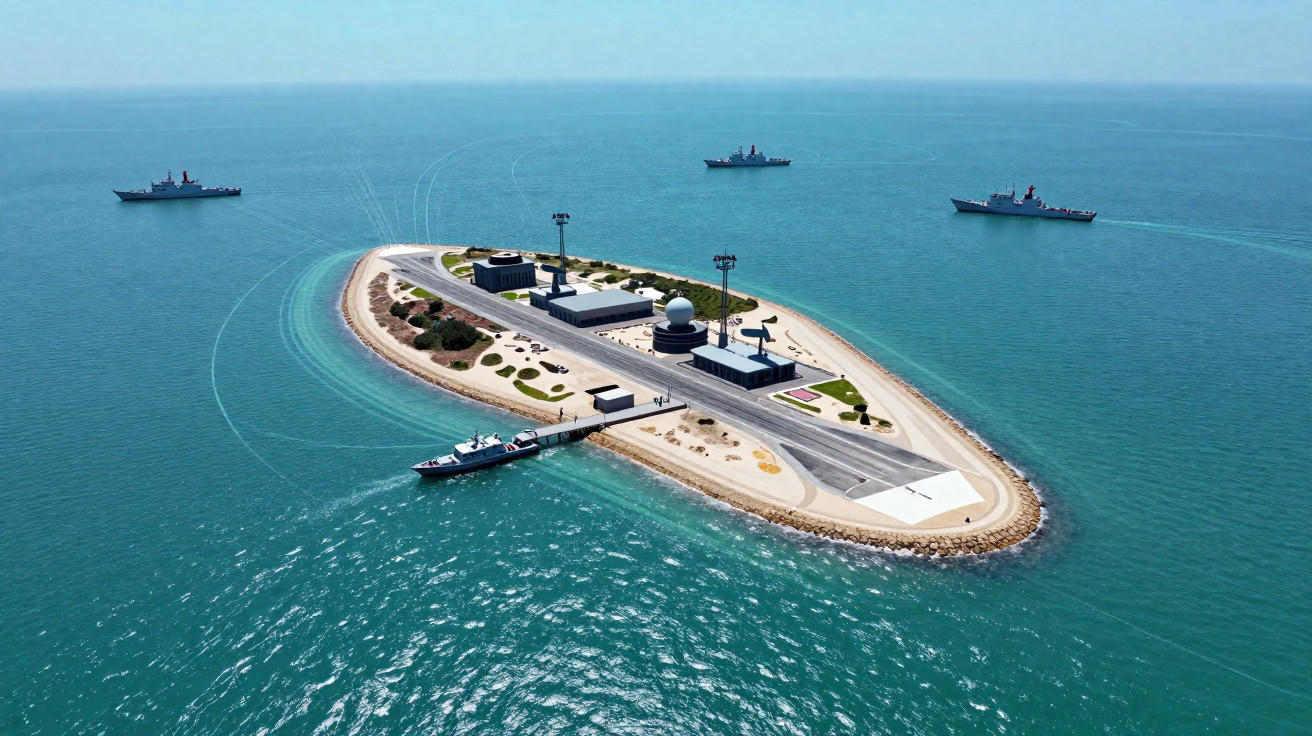 Ilha artificial com instalação militar cercada por mar com quatro navios de guerra ao redor.
