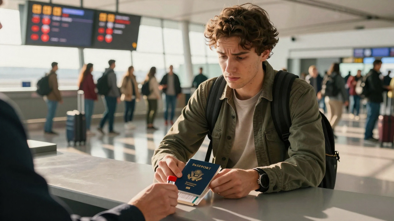 Jovem com mochila apresenta passaporte em balcão de atendimento no aeroporto com painéis de voos ao fundo.
