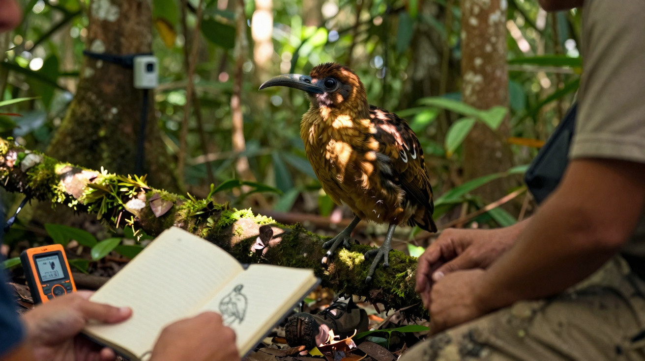 Pássaro sobre tronco com musgo em floresta, enquanto duas pessoas observam e anotam em caderno.