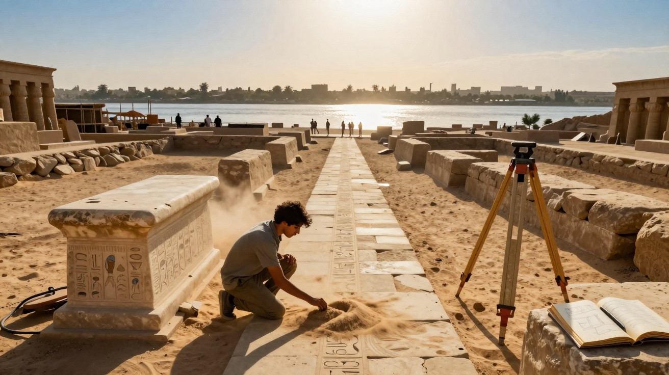 Pesquisador limpando hieróglifos em sítio arqueológico egípcio ao pôr do sol próximo ao rio.