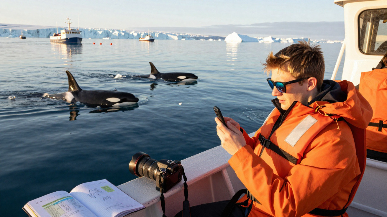 Homem em casaco laranja fotografa orcas próximas a barco, com iceberg ao fundo em mar calmo.