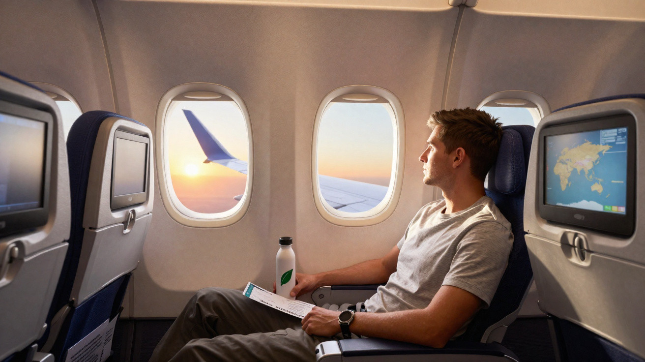 Homem sentado na poltrona do avião observando o nascer do sol pela janela durante o voo.