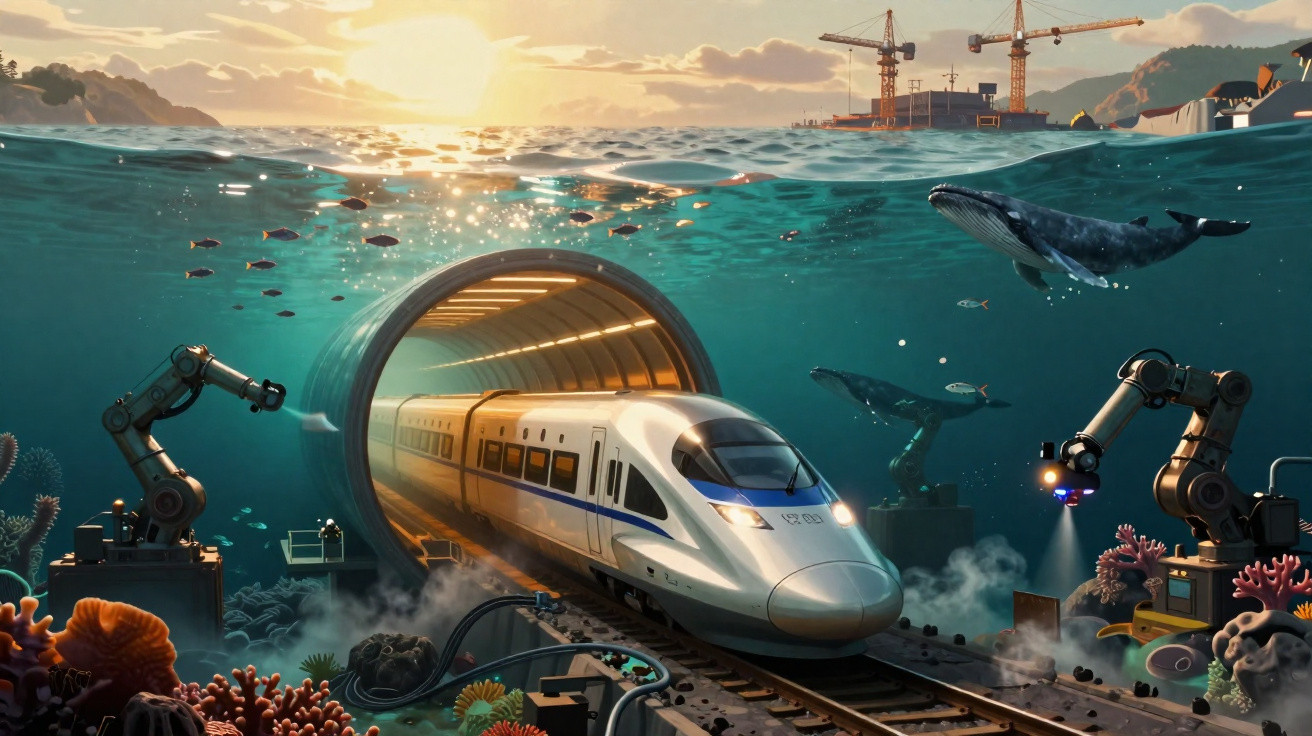 Trem moderno saindo de túnel subaquático com robôs, corais e baleias ao fundo durante pôr do sol.