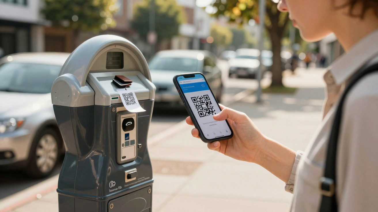Pessoa usando celular com QR code para pagar parquímetro na calçada de rua urbana.