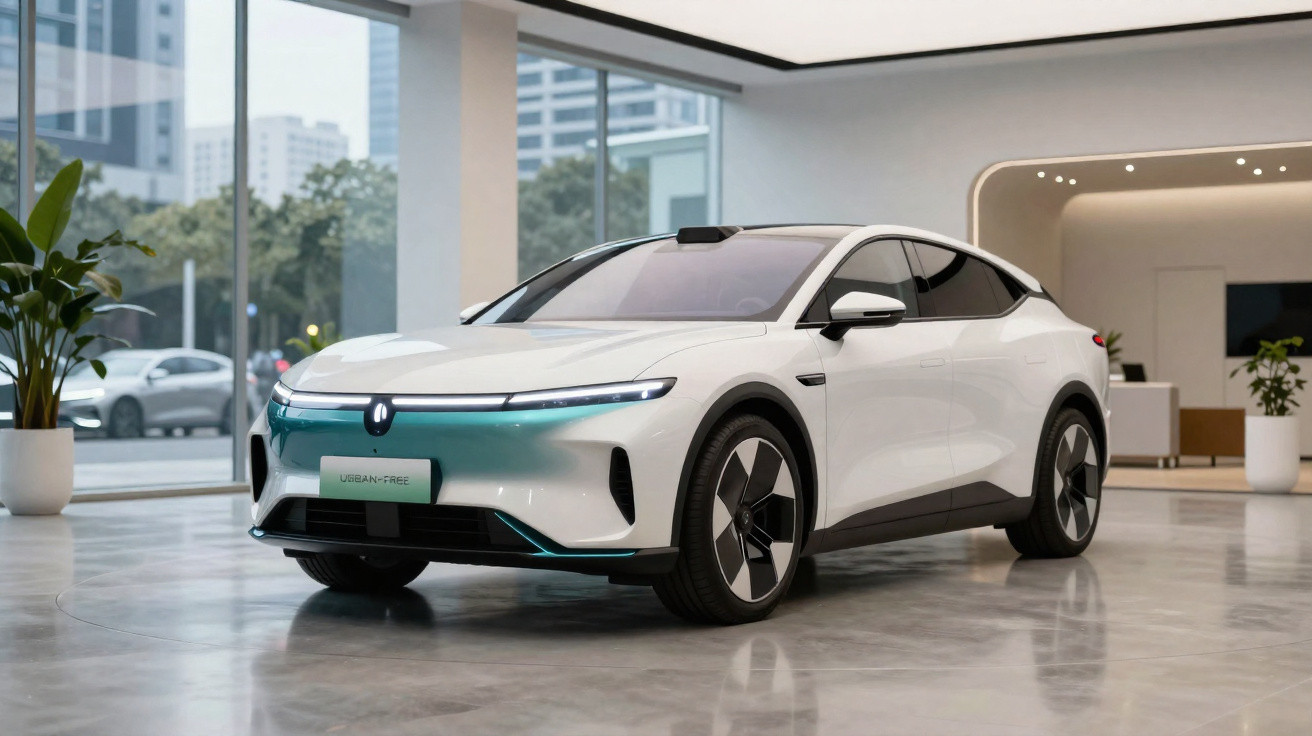 Carro elétrico branco estacionado em showroom moderno com janelas grandes e piso brilhante.