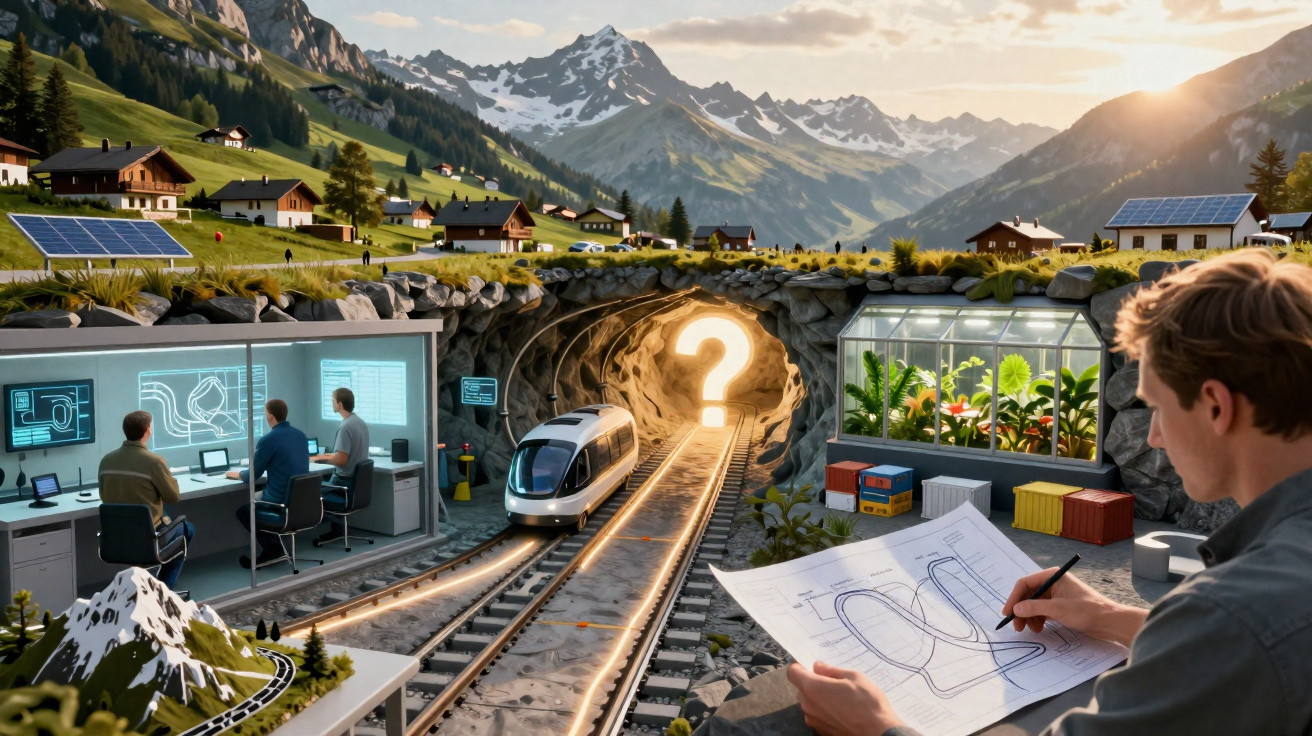 Homem analisando projeto de trilhos em cenário montanhoso com trem elétrico, túnel iluminado e estação tecnológica.