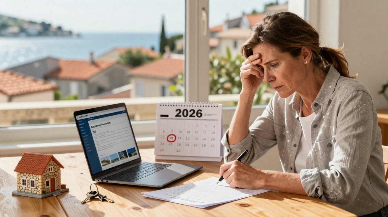 Mulher preocupada preenchendo documento perto de notebook, calendário e miniatura de casa em ambiente iluminado.