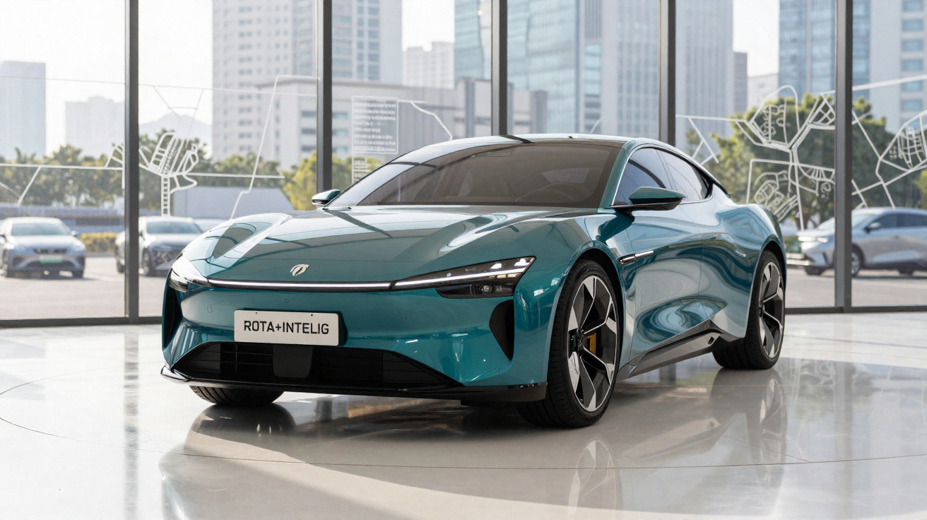 Carro esportivo elétrico azul em exposição com grandes janelas e prédios ao fundo.
