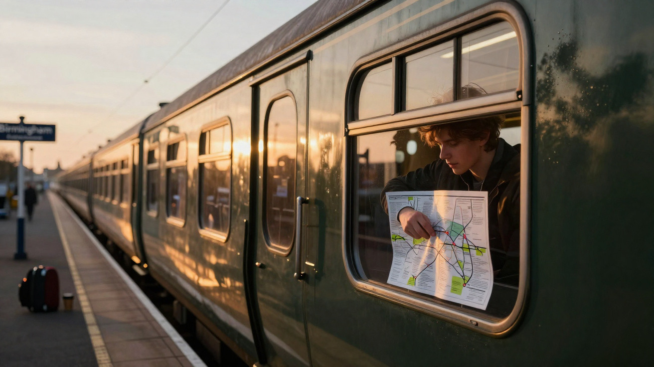 Jovem em trem segurando um mapa, olhando pela janela durante o pôr do sol na estação.