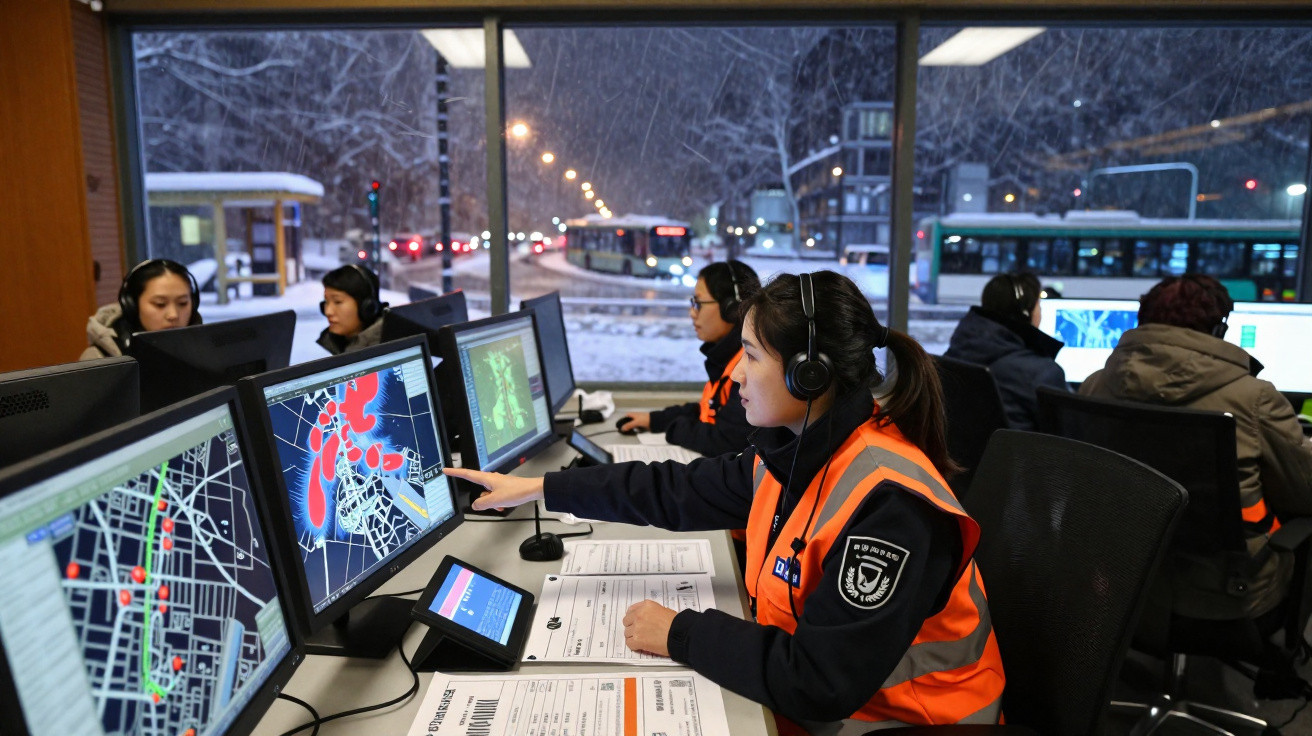 Equipe de controle de trânsito monitorando mapas e dados em computadores durante neve à noite.