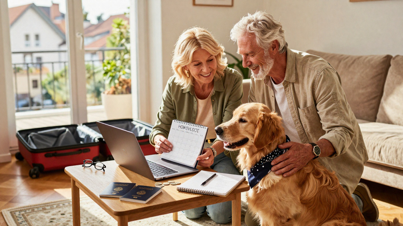 Casal sênior planejando viagem com laptop, passaportes e cachorro abraçado na sala de estar.