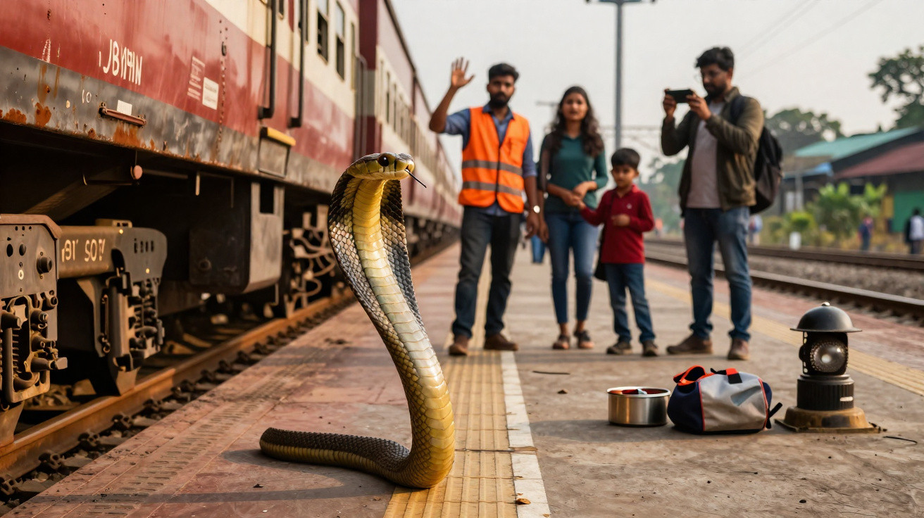 Cobra cascavel em plataforma de estação de trem com pessoas observando e um homem usando colete laranja.